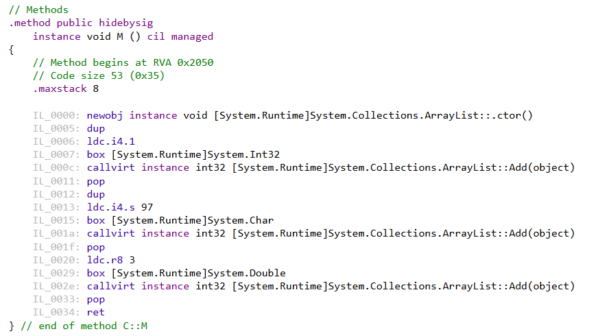 ArrayList 测试代码编译为 IL